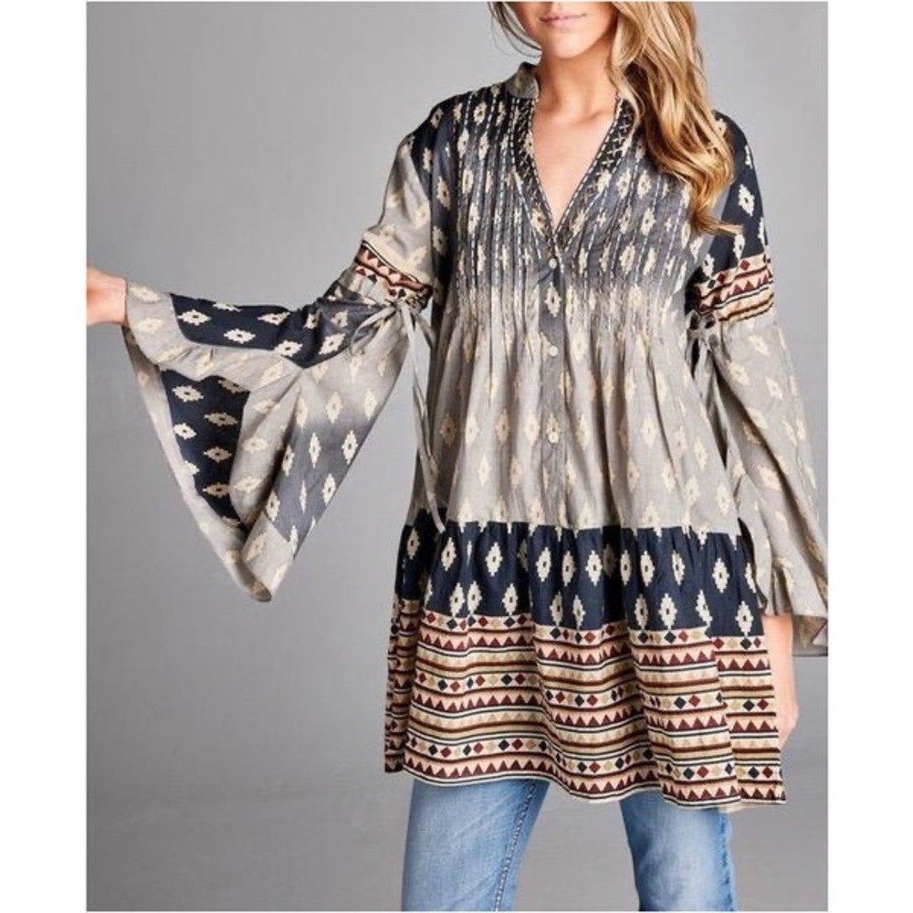 Velzera Bohemian Tunic V Neck Front Buttons